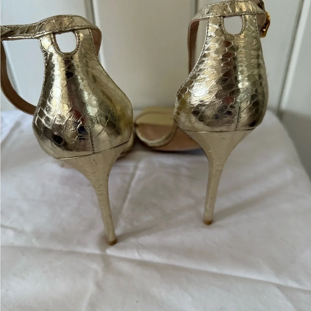 Stuart Weitzman Gold Strappy Heels Nudistcurve 100 metallic watersnake leather